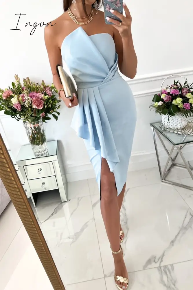 Ingvn - Fashion Solid Flounce Strapless Irregular Dress Dresses(4 Colors) Sky Blue / S Dresses/Club