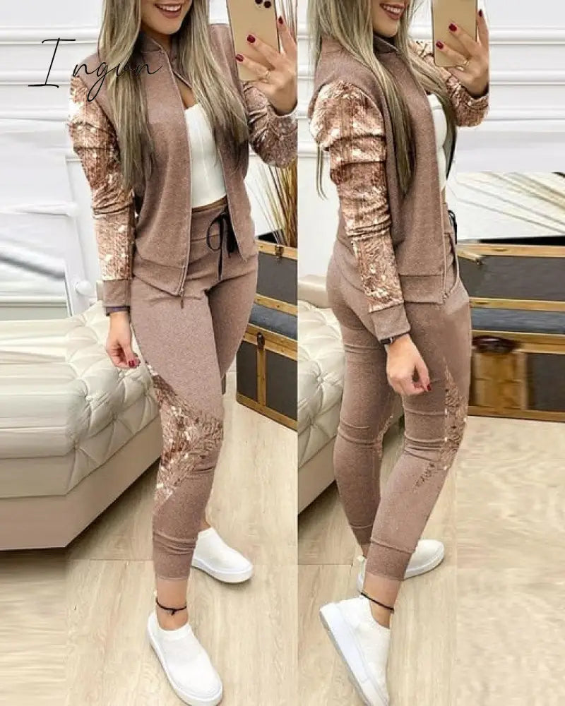 Ingvn - Fashion Tracksuit 2 Piece Set Autumn Winter Zipper Jacket + Long Pants Sports Suit Female
