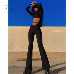 Ingvn - Fashion Trends Cyber Y2K Flare Pants E Girl Style Sexy Strechy Trousers Women Lace Up V