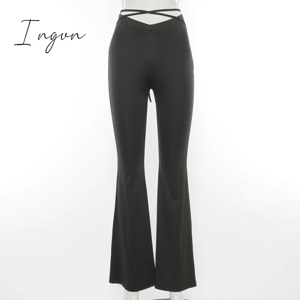 Ingvn - Fashion Trends Cyber Y2K Flare Pants E Girl Style Sexy Strechy Trousers Women Lace Up V