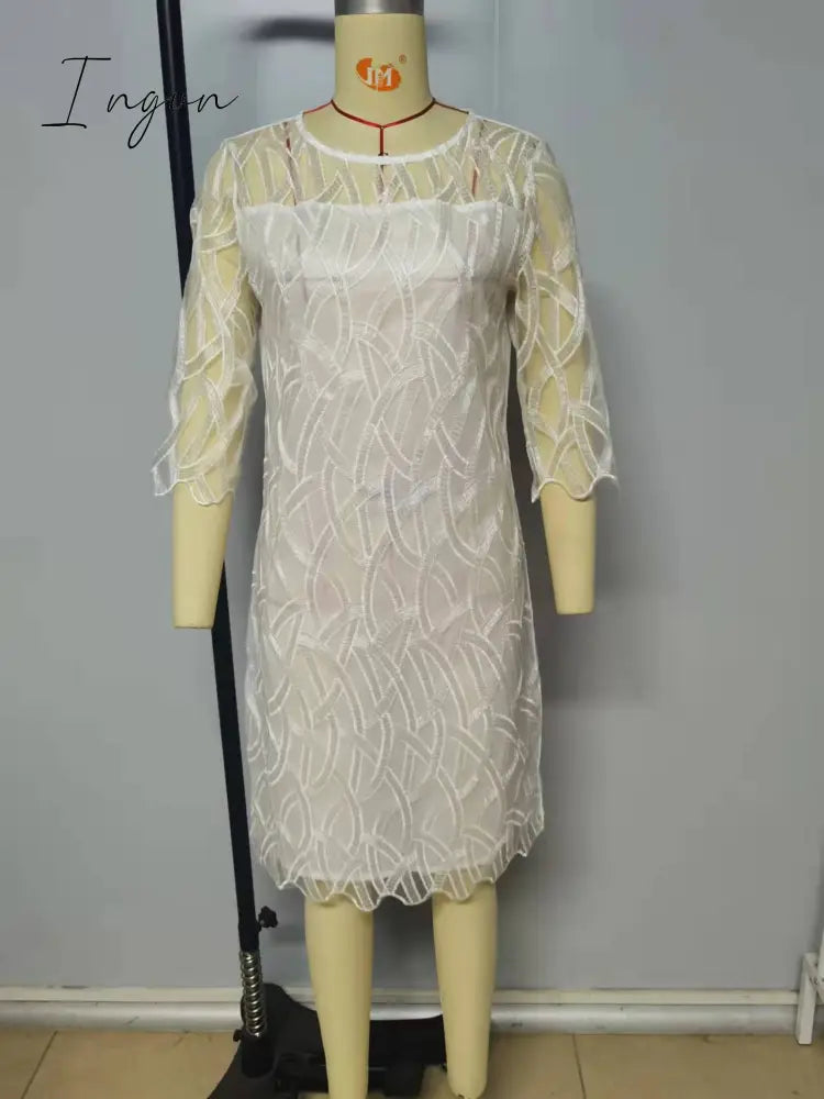 Ingvn - Fashion Trends Embroidered Dress Half Sleeve Casual Sexy See - Through Patchwork Lace Party