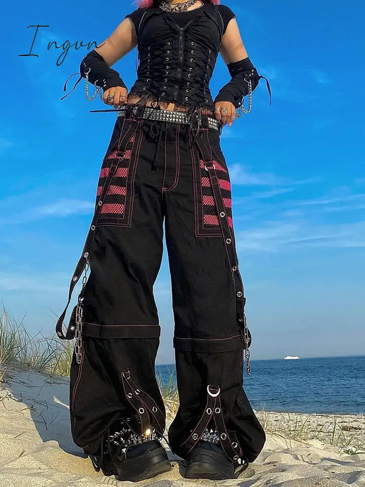 Ingvn - Fashion Trends Gothic Chain Bandage Wide Leg Pants Women Oversize Low Rise Dark Academic