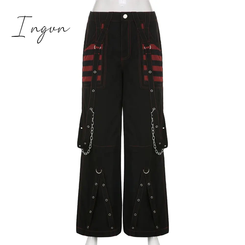 Ingvn - Fashion Trends Gothic Chain Bandage Wide Leg Pants Women Oversize Low Rise Dark Academic