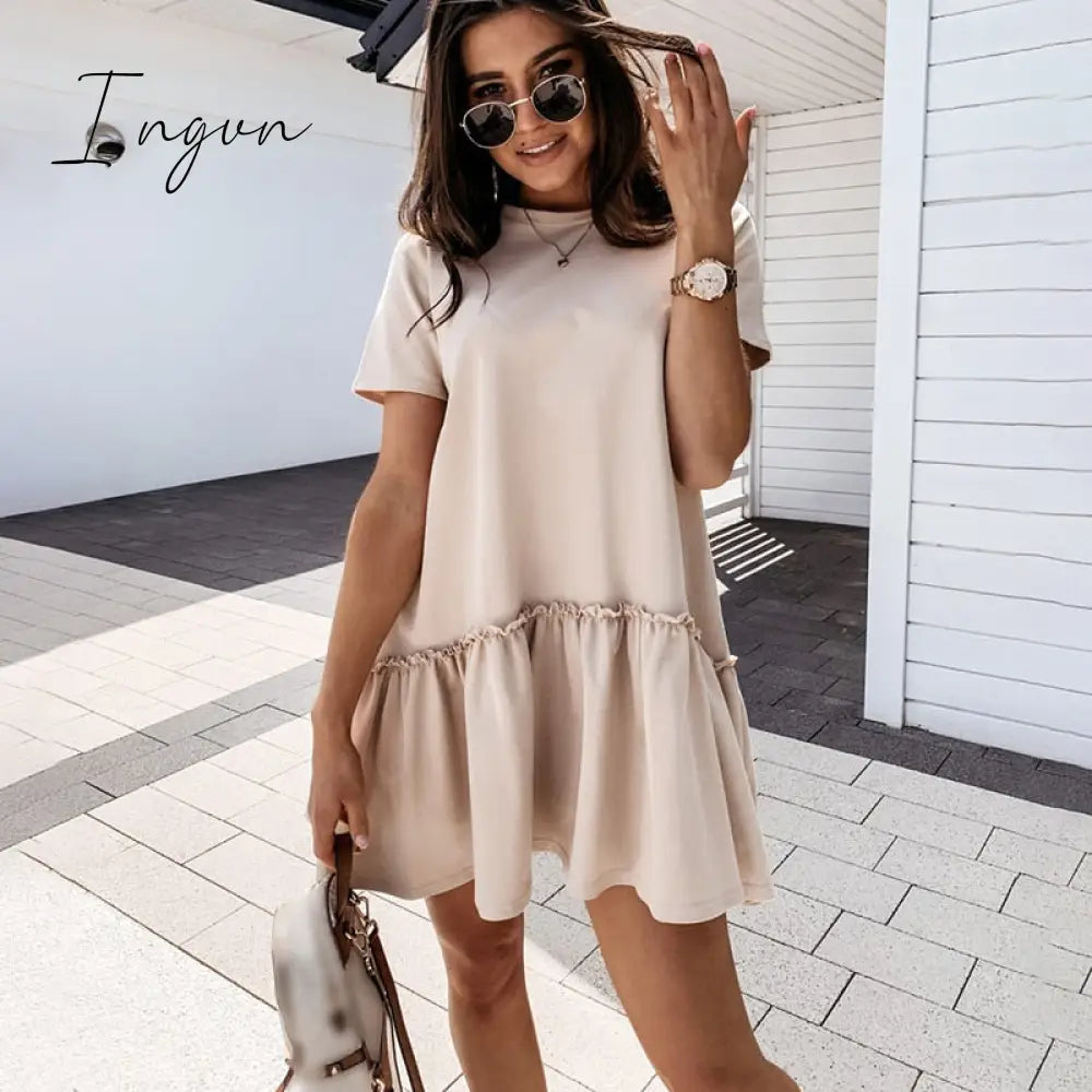 Ingvn - Fashion Trends Loose Casual Short Sleeve Mini Dress Women Summer O - Neck White Black