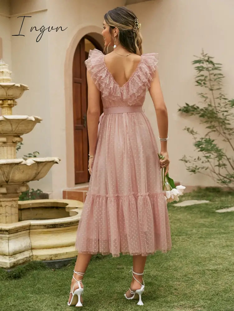 Ingvn - Fashion Trends V - Neck Mesh Polka Dot Summer Tulle Party Dress Women Backless Pink Ruffle