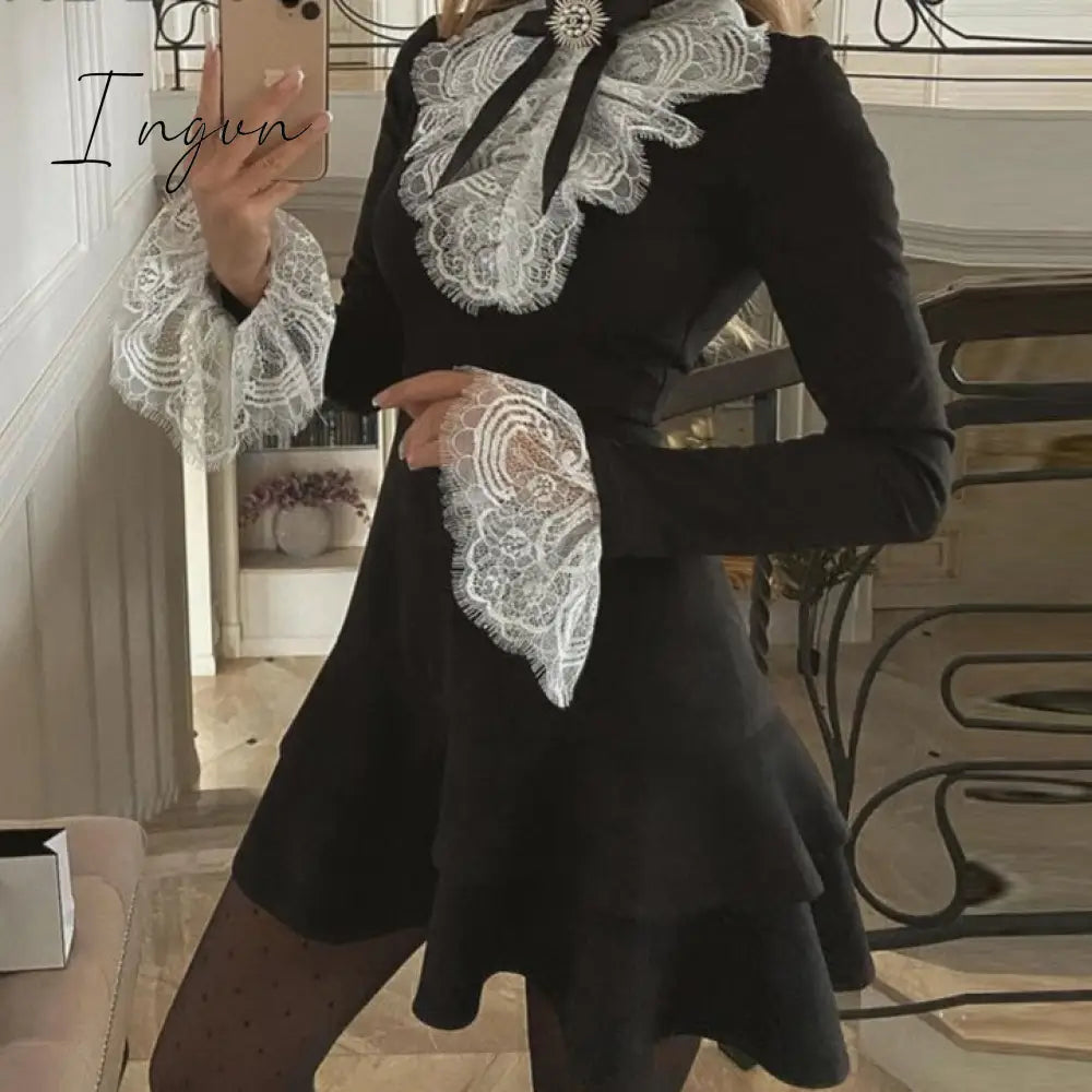 Ingvn - Fashion Trends Women Eyelash Lace Bell Sleeve Ruffles Dress Party Elegant