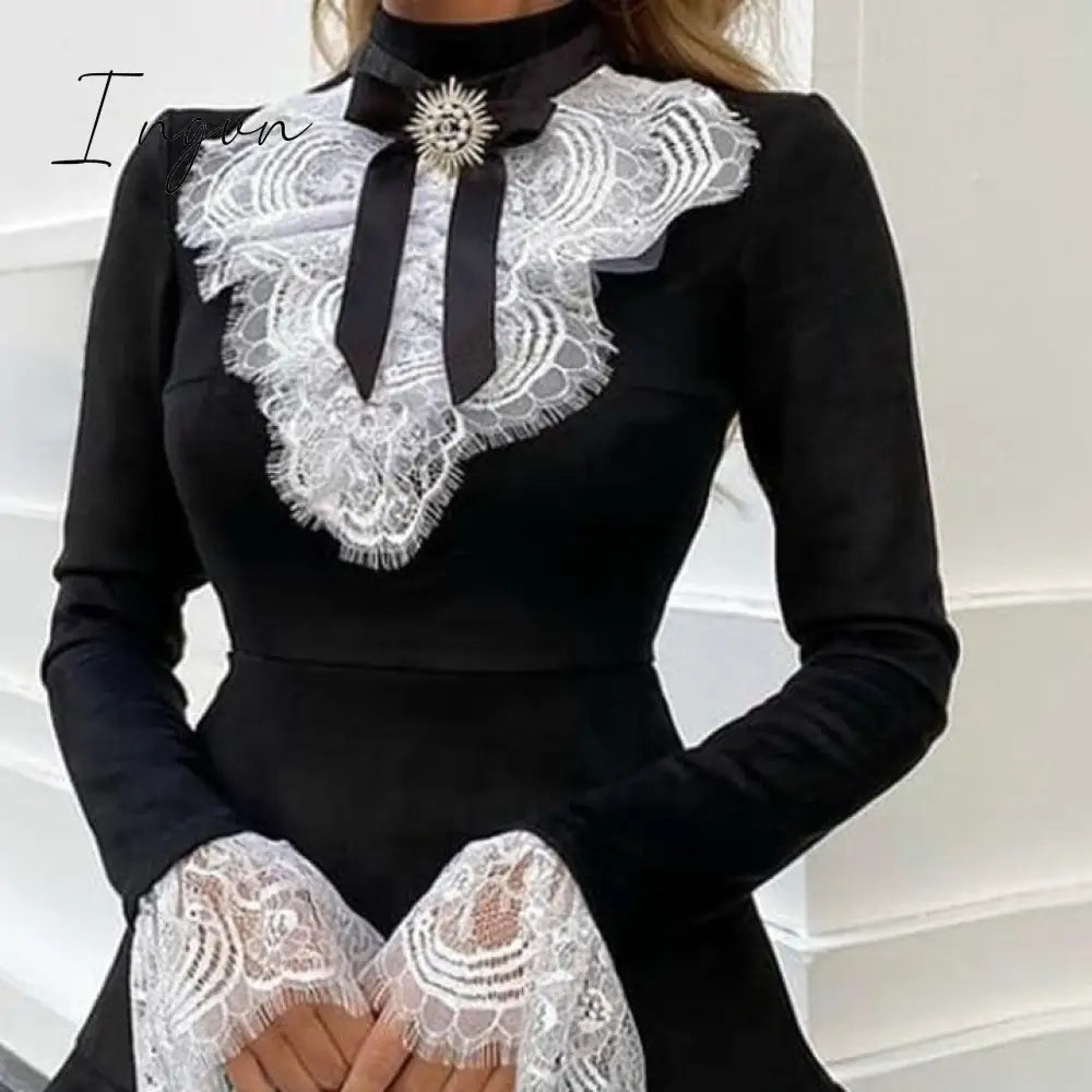 Ingvn - Fashion Trends Women Eyelash Lace Bell Sleeve Ruffles Dress Party Elegant