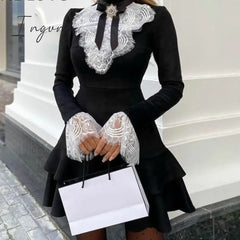 Ingvn - Fashion Trends Women Eyelash Lace Bell Sleeve Ruffles Dress Party Elegant Black / S