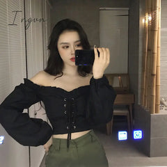 Ingvn - Fashion Woman Blouses Sexy Cut Out Crop Tops Ruffle Vintage Blouse With Puff Sleeves Lace
