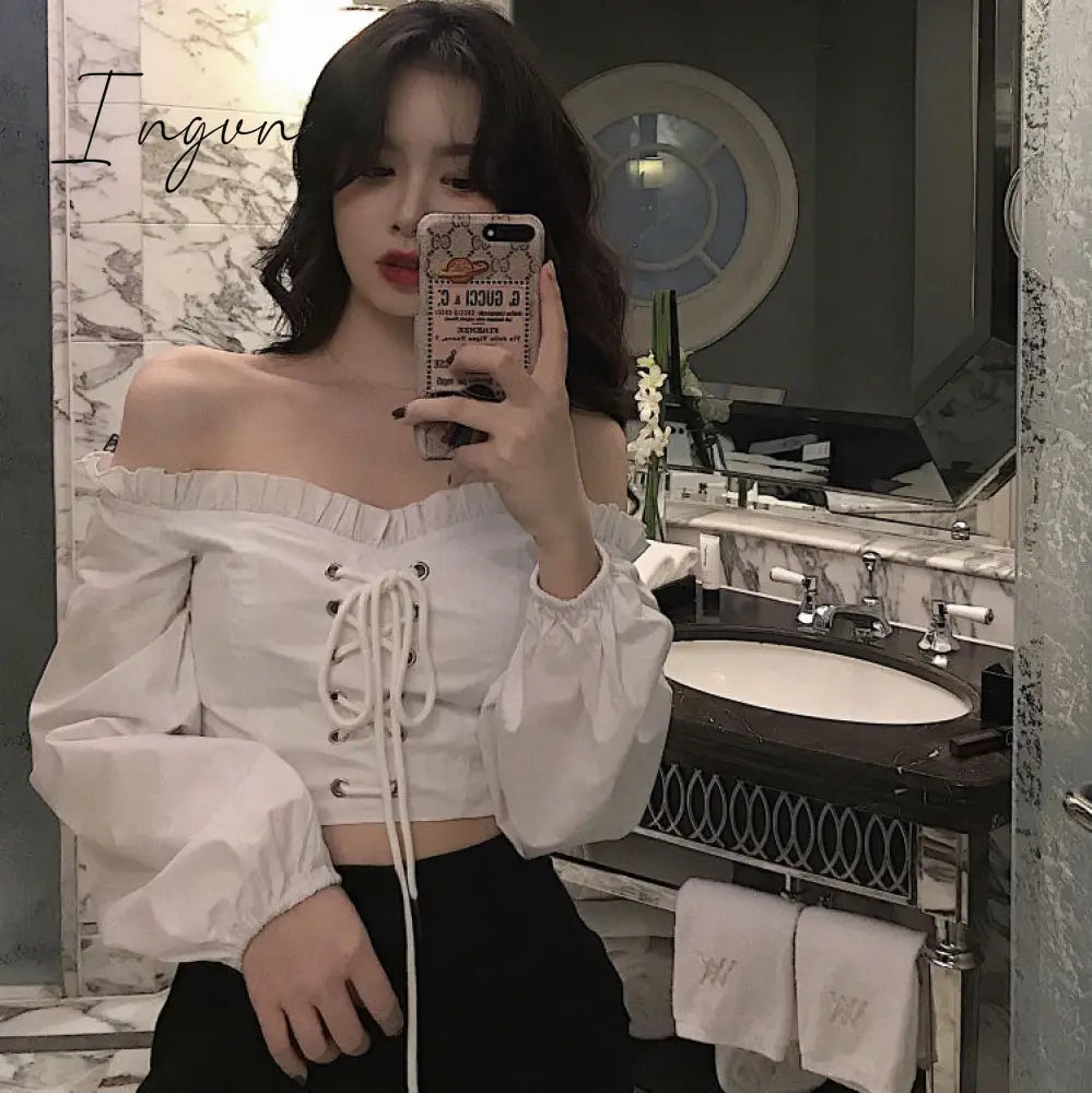 Ingvn - Fashion Woman Blouses Sexy Cut Out Crop Tops Ruffle Vintage Blouse With Puff Sleeves Lace