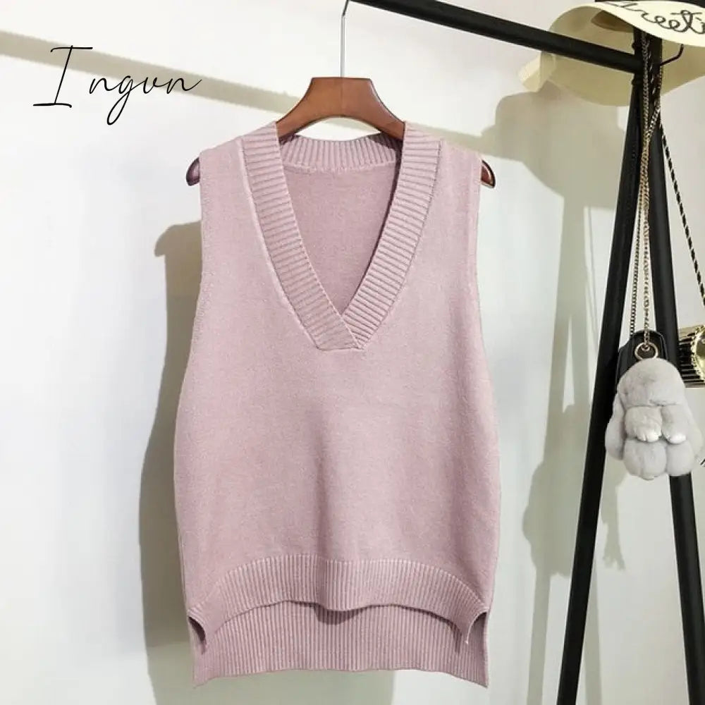 Ingvn - Fashion Women Knitted Vest Pullovers V Neck Sleeveless Houndstooth Jumper Korean Loose
