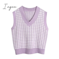 Ingvn - Fashion Women Knitted Vest Pullovers V Neck Sleeveless Houndstooth Jumper Korean Loose