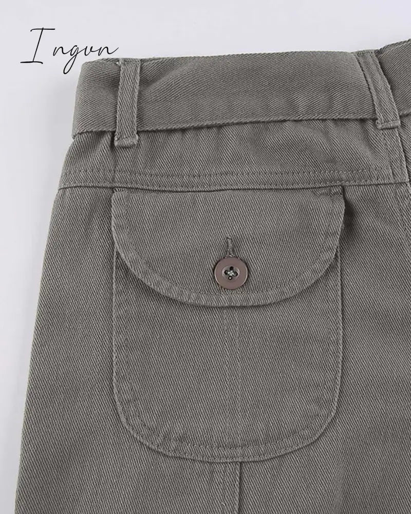 Ingvn - Fashion Women’s Jeans Y2K High Street Waist Denim Trousers Drawstring Flap Pocket Baggy