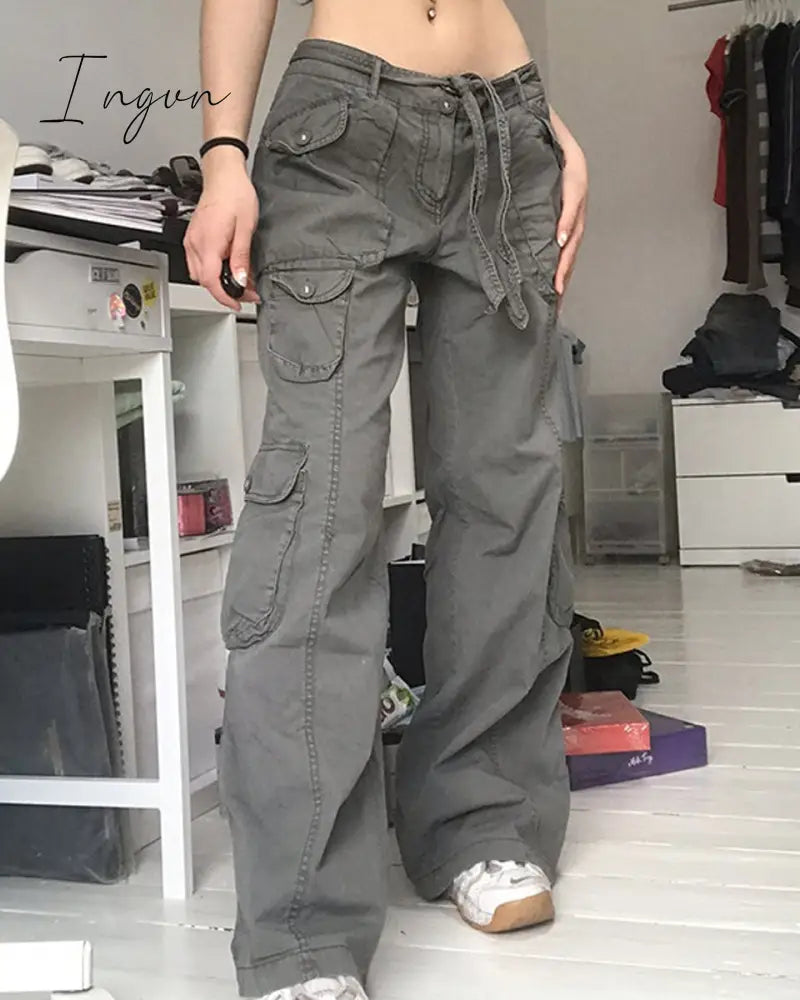 Ingvn - Fashion Women’s Jeans Y2K High Street Waist Denim Trousers Drawstring Flap Pocket Baggy