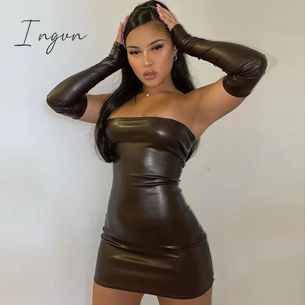 Ingvn - Faux Pu Leather With Gloves Party Dress Women Backless Sexy Hot Clubwear Skinny Slim Solid