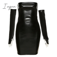 Ingvn - Faux Pu Leather With Gloves Party Dress Women Backless Sexy Hot Clubwear Skinny Slim Solid