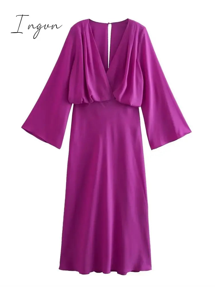 Ingvn - Flare Sleeve Solid Purple V Neck Long Dresses A-Line Elegant High Waisted Loose Midi Dress