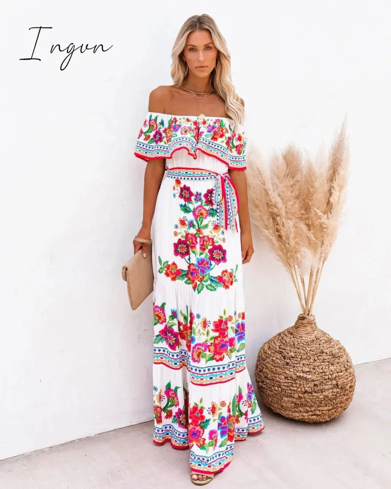 Ingvn - Floral Print Dress Slim Sexy Off The Shoulder Long Irregular Female Streetwear New Casual