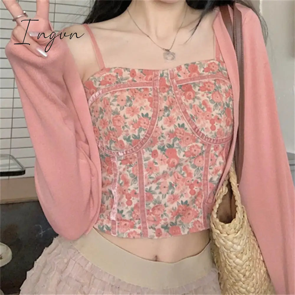 Ingvn - Floral Print Tank Top For Women 2023 Sleeveless Strapless Slim Crop Korean Fashion Vintage