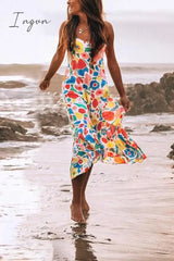 Ingvn - Floral Printed Summer Backless Mid Calf Dress With Pocket