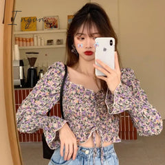 Ingvn - Floral Youth Elegant Blouse Women Crop Top Pretty Blouses Chic Fashion Shirt For Party Puff