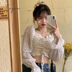 Ingvn - Floral Youth Elegant Blouse Women Crop Top Pretty Blouses Chic Fashion Shirt For Party Puff
