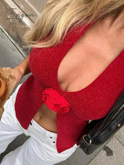 Ingvn - Flower Decoration Sexy Knit Tank Tops Women Summer New Halter V Neck Sleeveless Backless