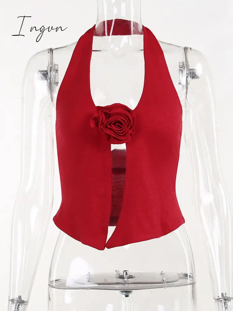 Ingvn - Flower Decoration Sexy Knit Tank Tops Women Summer New Halter V Neck Sleeveless Backless