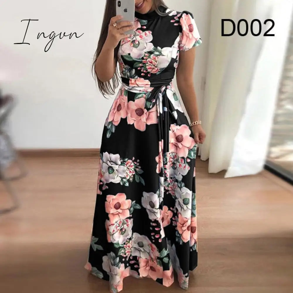 Ingvn - Flower Print Long Sleeve Maxi Dress Spring Autumn Casual Slim Sashes Women Elegant Robe
