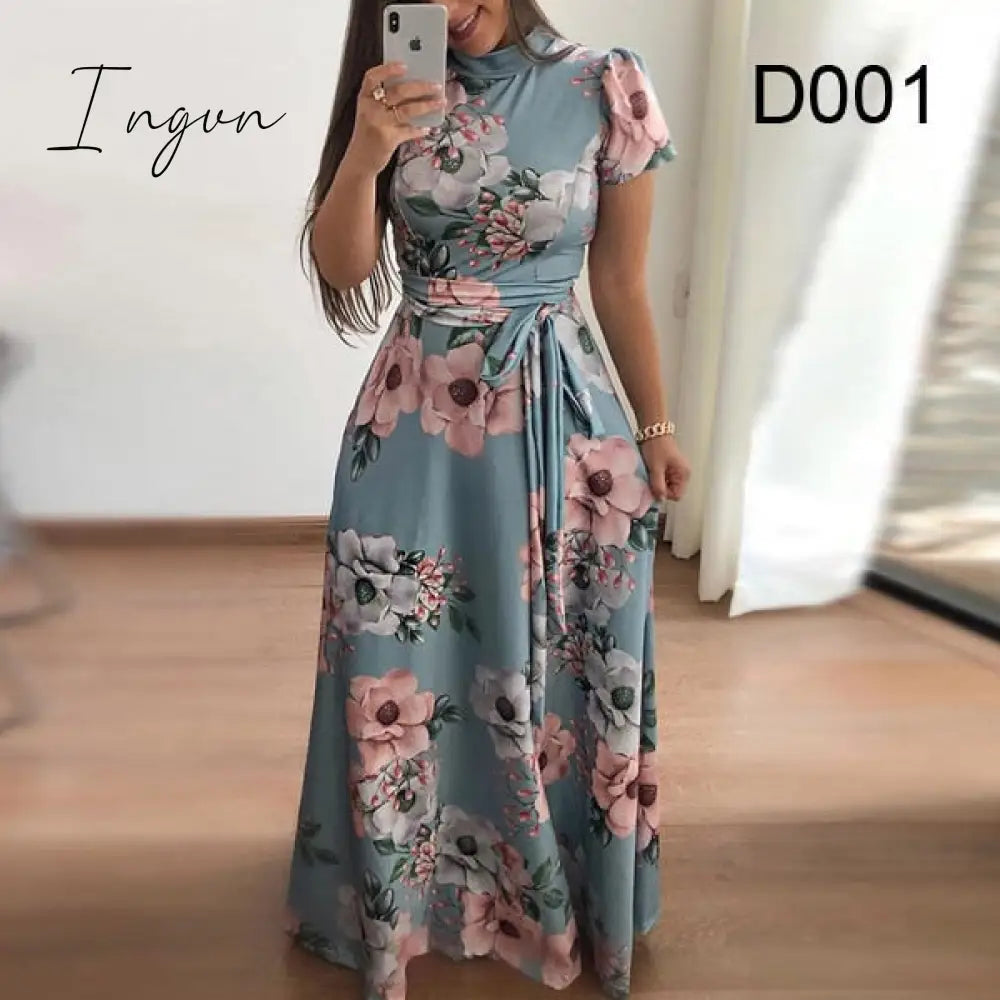 Ingvn - Flower Print Long Sleeve Maxi Dress Spring Autumn Casual Slim Sashes Women Elegant Robe