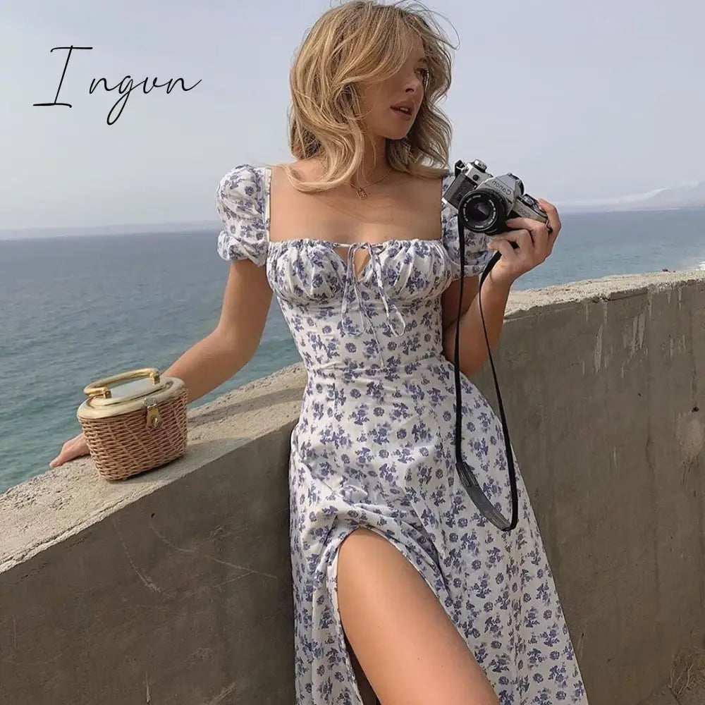 Ingvn - Flower Print Sexy Long Dress For Women High Split Night Club Party Dresses Backless Bodycon