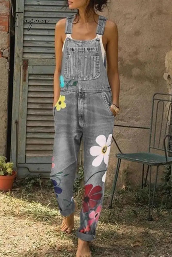 Ingvn - Flower-Printed Baggy Jeans With Suspenders(3 Colors) Ash / S Jumpsuits