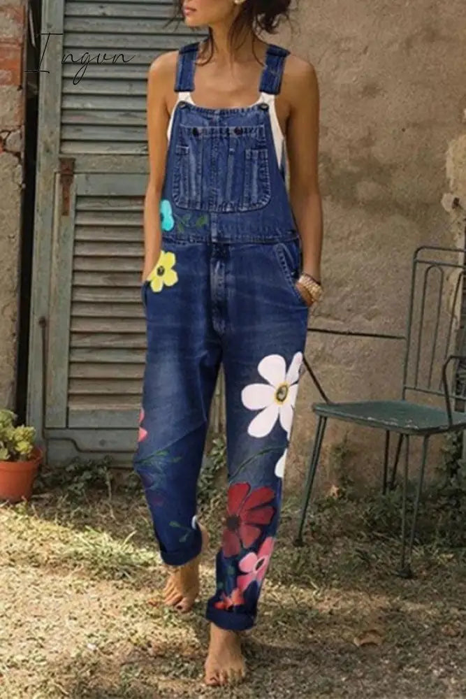 Ingvn - Flower-Printed Baggy Jeans With Suspenders(3 Colors) Navy Blue / S Jumpsuits