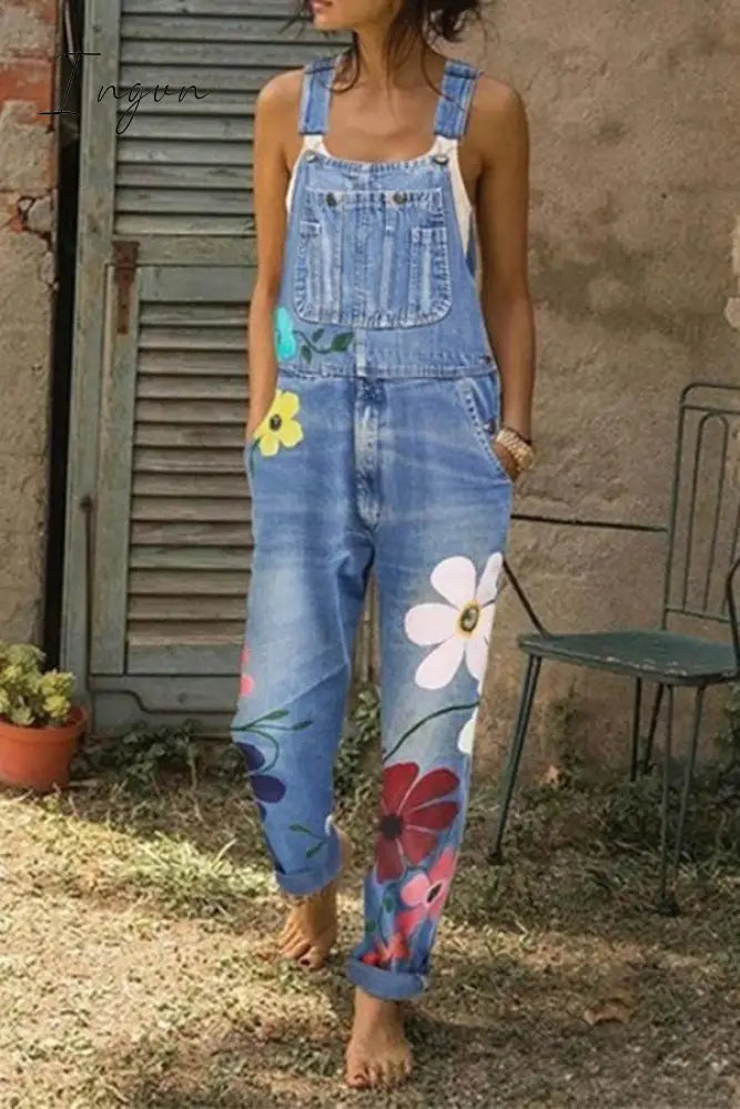 Ingvn - Flower-Printed Baggy Jeans With Suspenders(3 Colors) Wathet Blue / S Jumpsuits