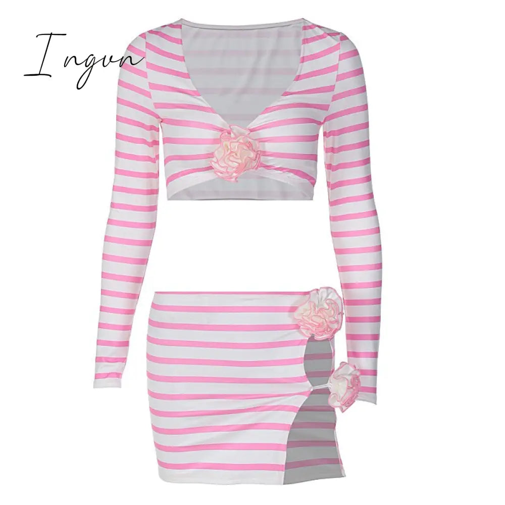 Ingvn - Flower Stripes Skirt Set Women V Neck Full Sleeve Crop Top And Mini Suits Fashion Hollow