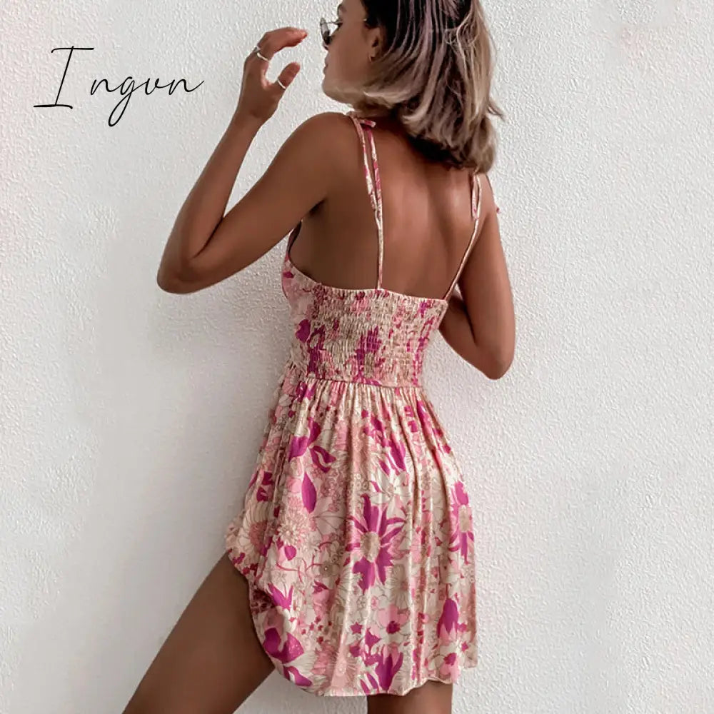 Ingvn - Foridol Casual Floral Boho Elegant French Dress Women Pink Flower Print Bohemian Beach