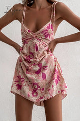Ingvn - Foridol Casual Floral Boho Elegant French Dress Women Pink Flower Print Bohemian Beach