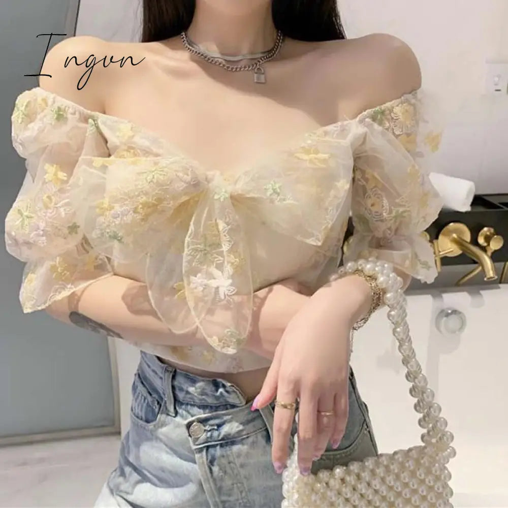 Ingvn - French Floral Dress Women Sexy Puff Sleeve Lace Chiffon Print Mini Summer Korean Style