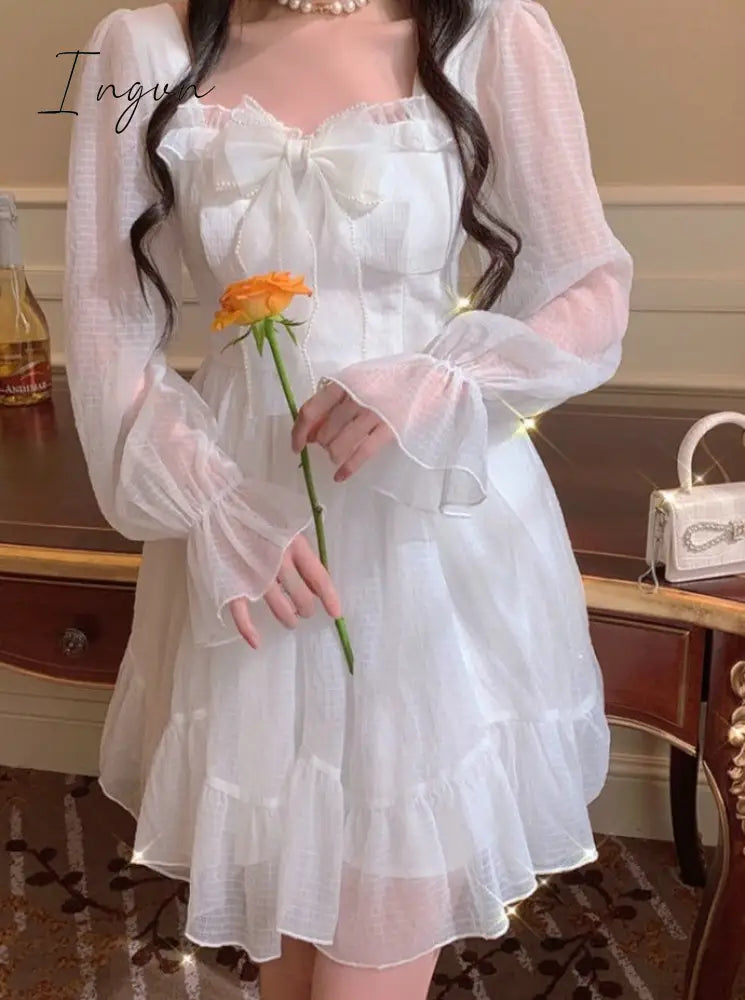 Ingvn - French Sweet Fairy Lolita Dress Women Long Sleeve Lace Y2K Mini Vintage Kawaii Clothes One