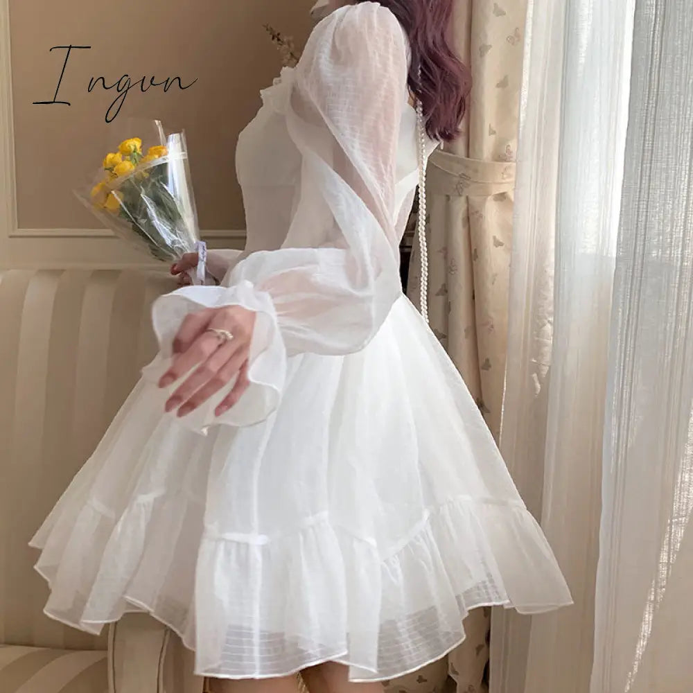 Ingvn - French Sweet Fairy Lolita Dress Women Long Sleeve Lace Y2K Mini Vintage Kawaii Clothes One
