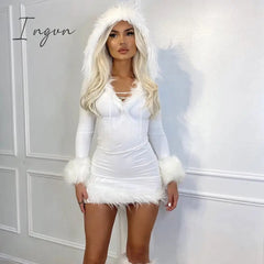 Ingvn - Furry Long Sleeve Hooded Bodycon Mini Dresses Women White V Neck Fuzzy Dress Skinny