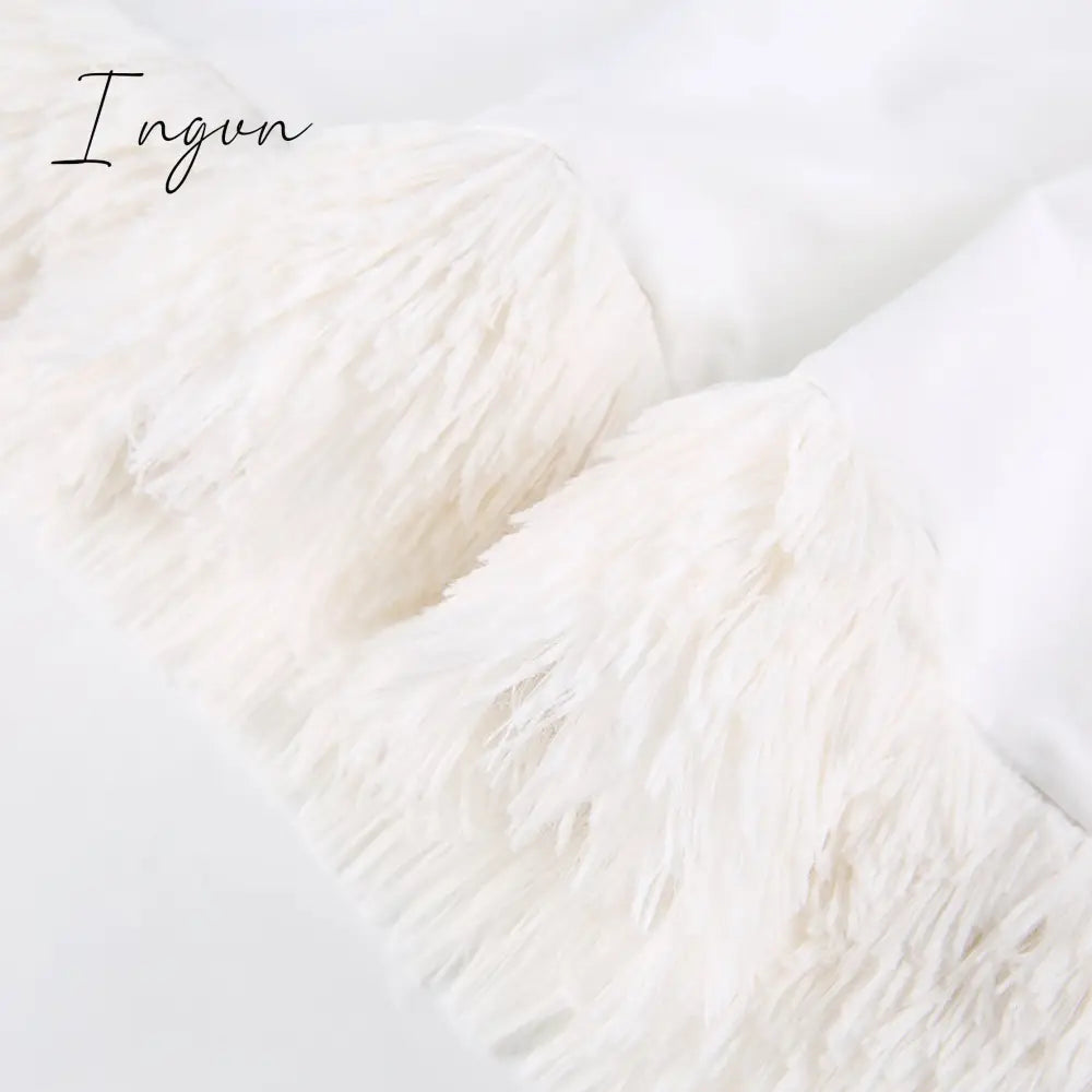 Ingvn - Furry Long Sleeve Hooded Bodycon Mini Dresses Women White V Neck Fuzzy Dress Skinny