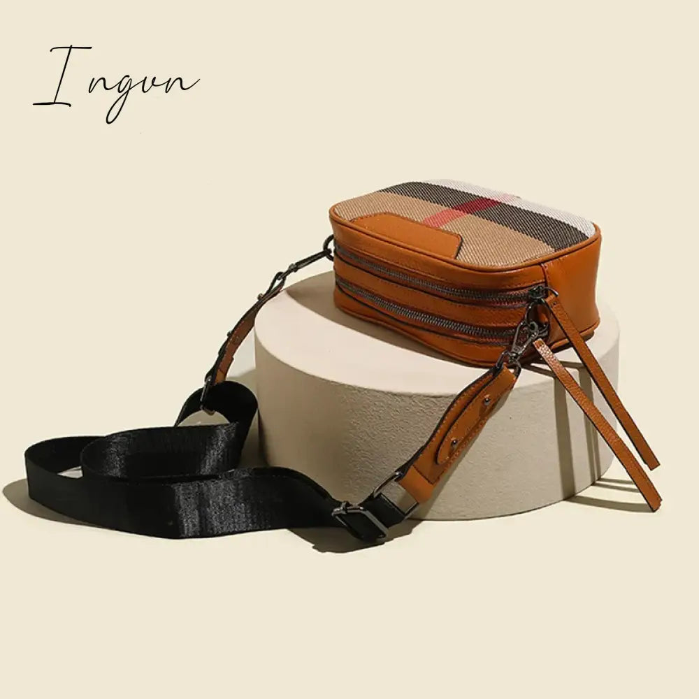 Ingvn - Genuine Leather Women Bag Small Canvas Crossbody Handbag Wide Strap Trendy Square Flap