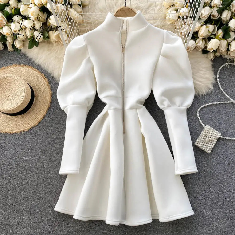 Ingvn - Gifts For Women Autumn Winter Puff Long Sleeve Dresses Party Christmas Turtleneck Slim A -