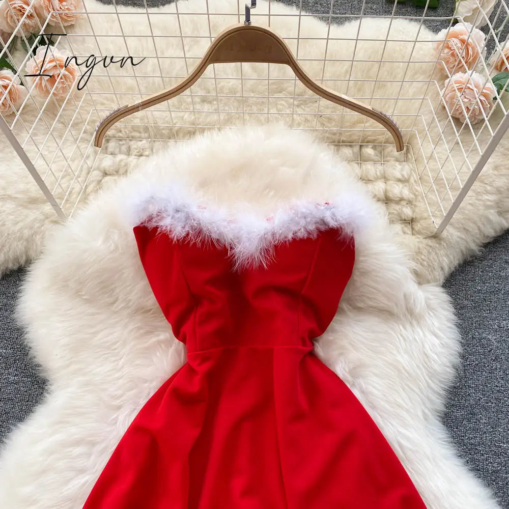 Ingvn - Gifts For Women Elegant Dress New Year Strapless Backless Furry Sexy Short Mini Christmas