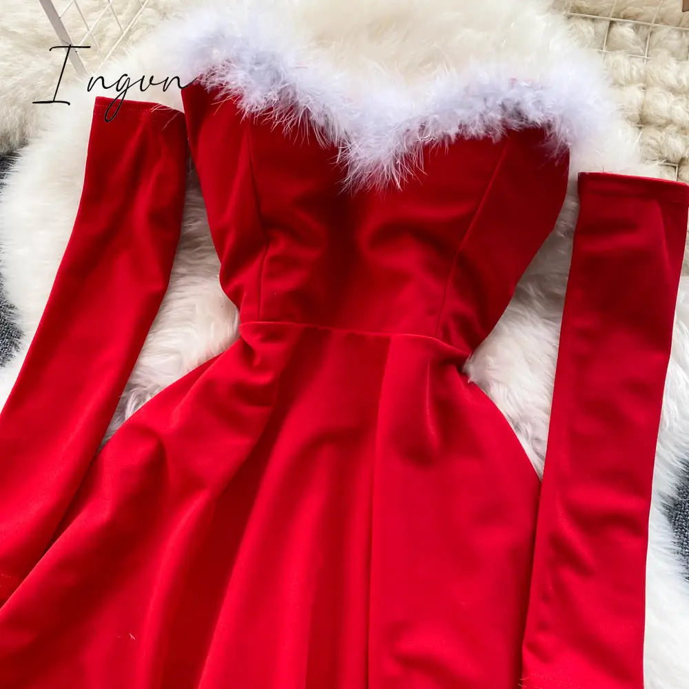 Ingvn - Gifts For Women Elegant Dress New Year Strapless Backless Furry Sexy Short Mini Christmas