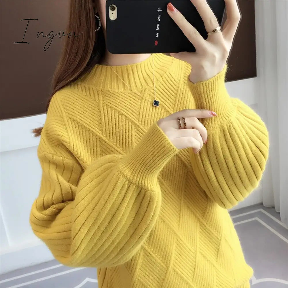 Ingvn - Gifts For Women Half - Neck Sweater Women Autumn Winter New Knitted Loose Round Mujer Solid