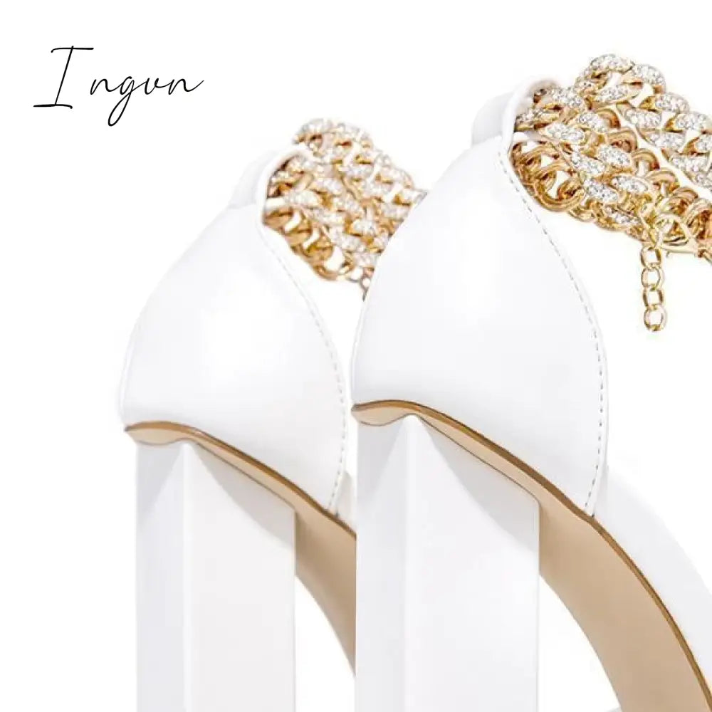 Ingvn - Gold-Tone Chain Embellished Ankle Strap Chunky Heels