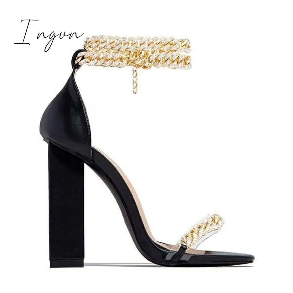 Ingvn - Gold-Tone Chain Embellished Ankle Strap Chunky Heels