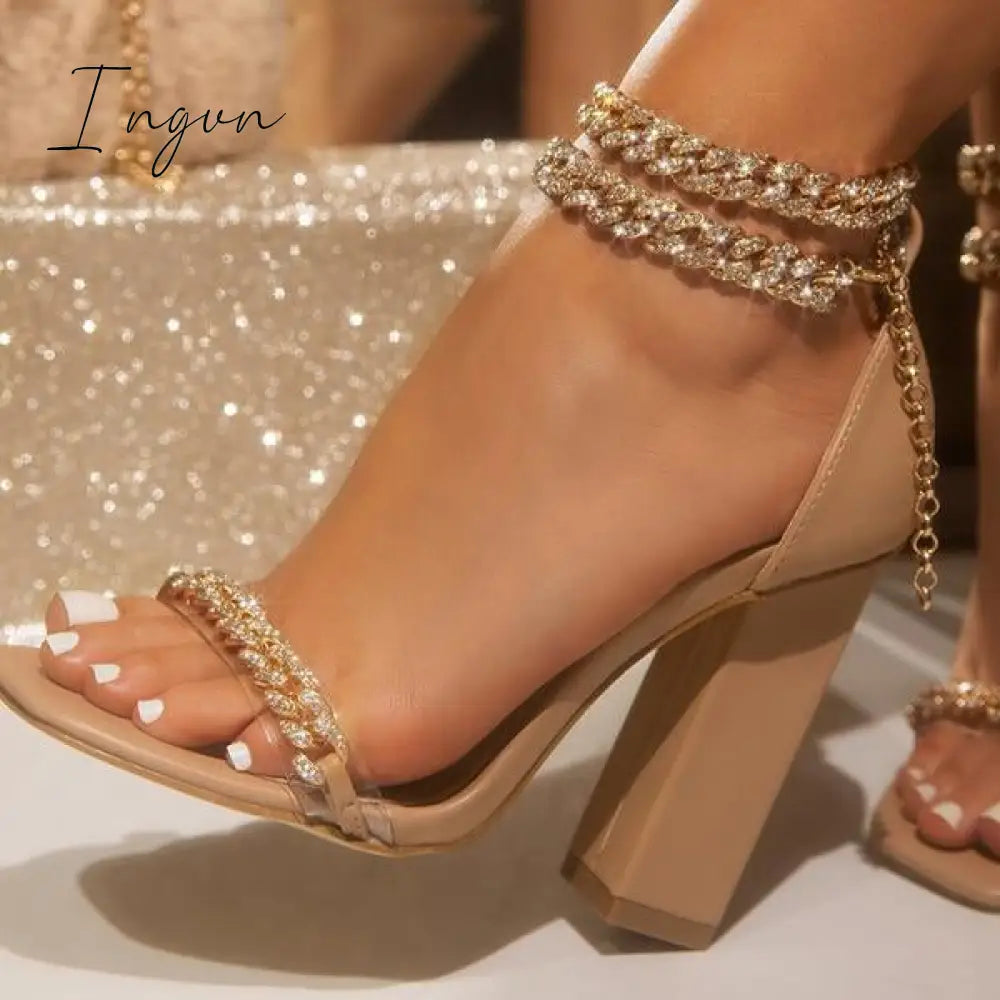 Ingvn - Gold-Tone Chain Embellished Ankle Strap Chunky Heels Nude / 5